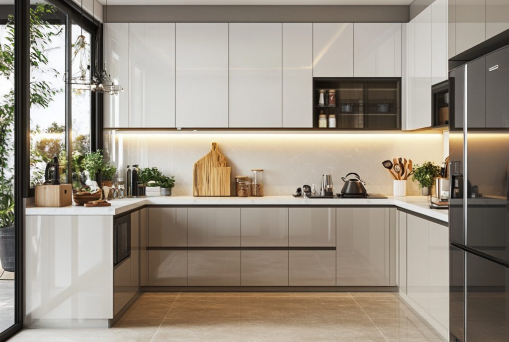 Vista general de una cocina reformada en Valencia con distribución en L