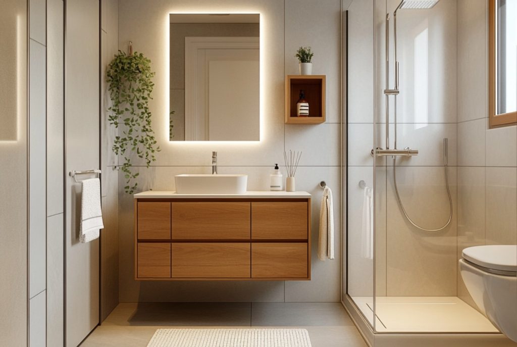 reforma de baño moderno en Valencia con acabados en mármol