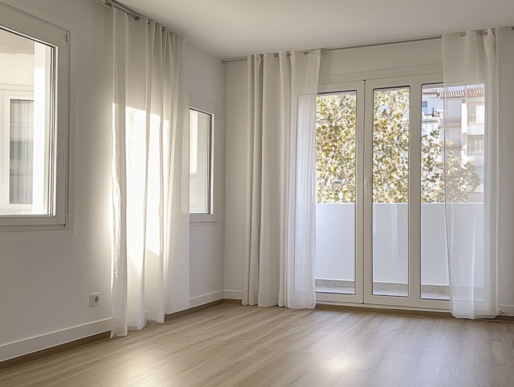 Reforma de piso en Valencia en el barrio de Extramurs, con pintura nueva, suelo laminado beige y ventanas de aislamiento térmico y acústico.