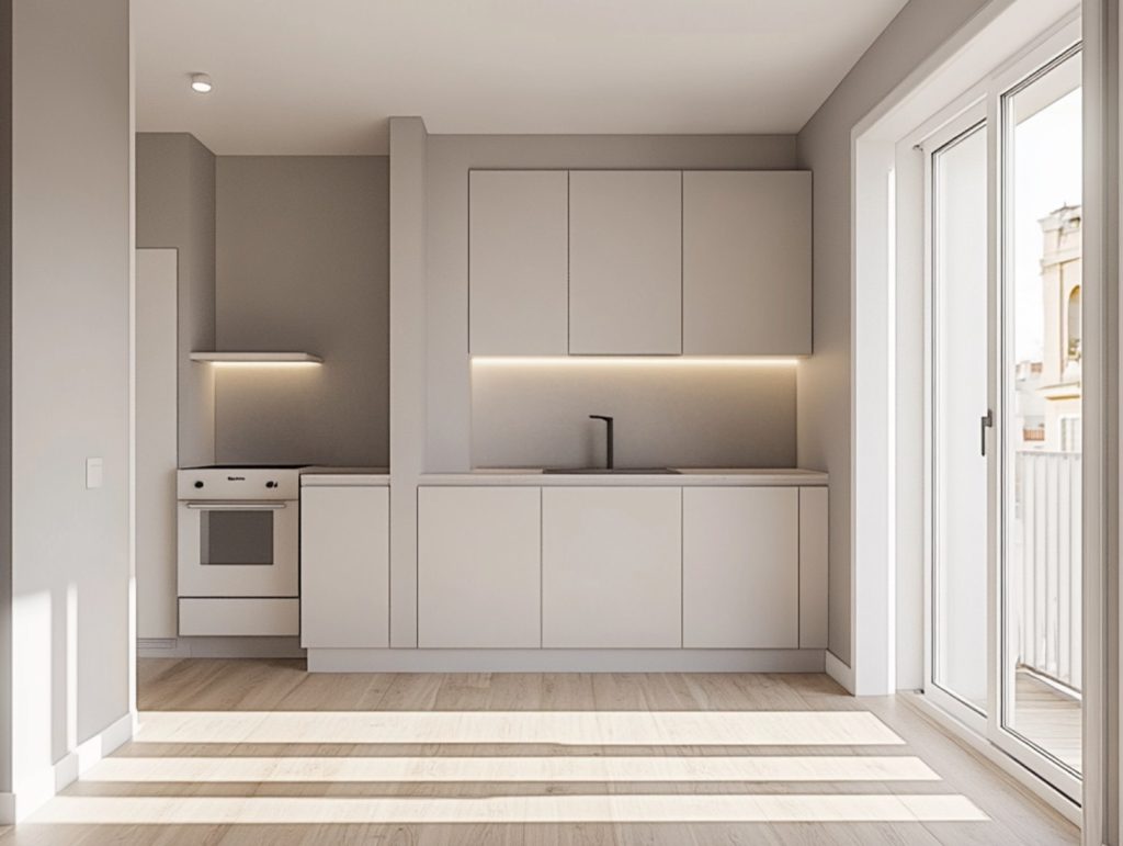 Reforma de piso en Valencia, en el barrio de El Cabanyal, con suelos laminados, pintura integral y una cocina moderna funcional.