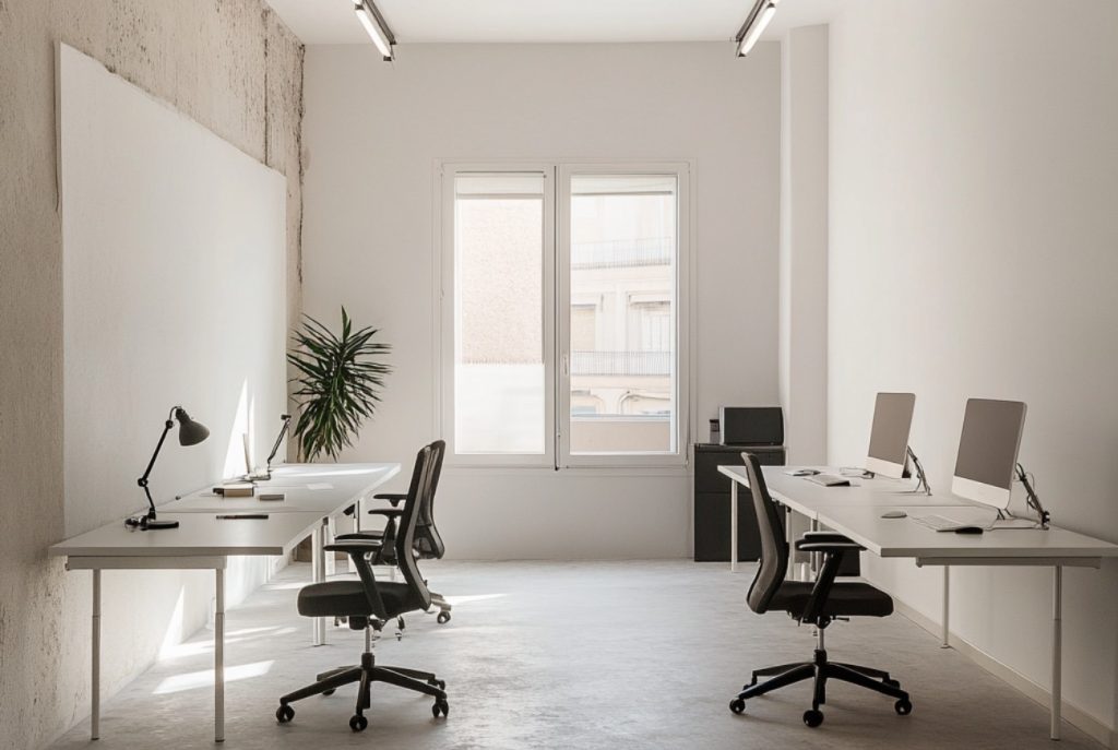 Oficina de 50 m² en Campanar, Valencia, con pintura integral y nueva iluminación LED tras una reforma básica.