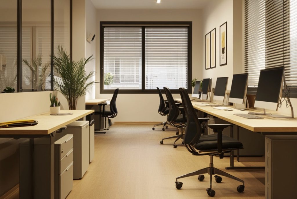 Oficina de 80 m² en El Carmen, Valencia, con redistribución parcial, mejora acústica y suelos renovados.