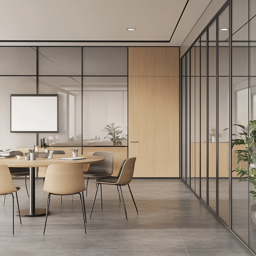 Oficina moderna en Valencia con escritorios blancos, laptops y un diseño limpio tras una reforma de oficina.