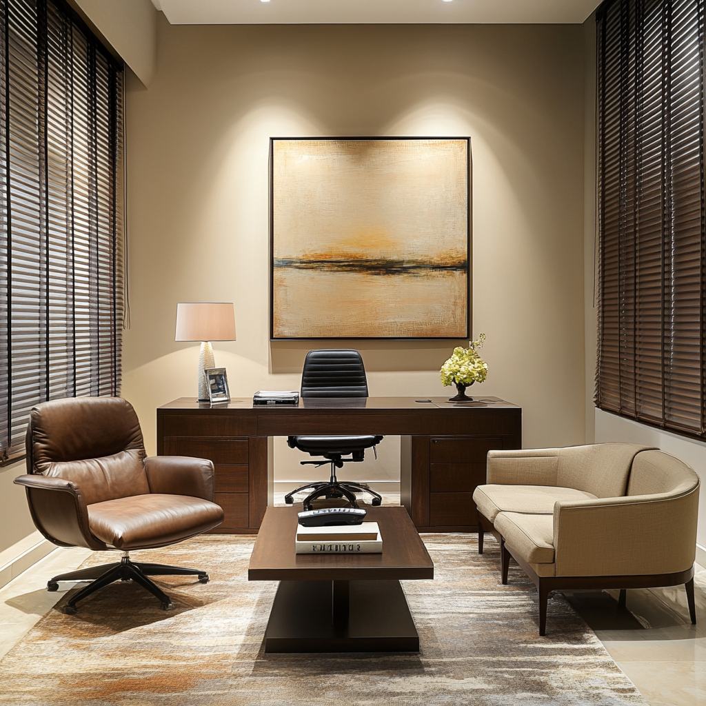 Oficina ejecutiva en Valencia con escritorio de madera, silla de cuero y ambiente profesional tras una reforma.