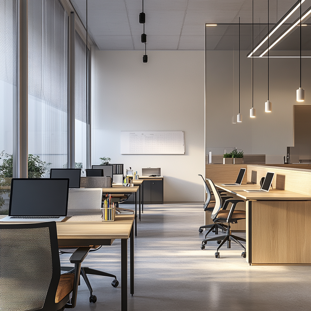 Oficina mediana en Valencia con estaciones de trabajo organizadas y un área de descanso tras una reforma integral.