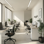 Oficina coworking en Valencia con mesas compartidas, iluminación industrial y decoración moderna tras una reforma.