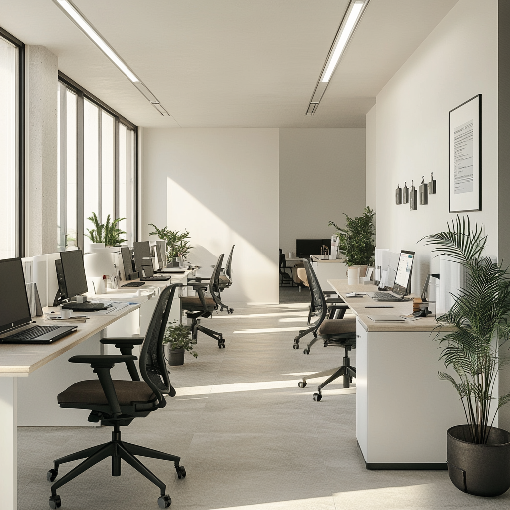 Oficina coworking en Valencia con mesas compartidas, iluminación industrial y decoración moderna tras una reforma.