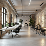 Oficina de planta abierta en Valencia con estaciones de trabajo organizadas, grandes ventanas y suelo gris claro tras una reforma integral.