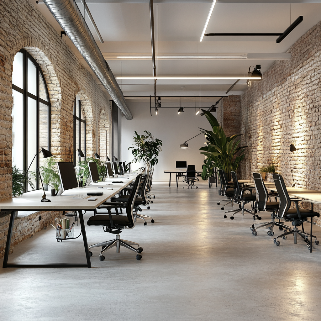 Oficina de planta abierta en Valencia con estaciones de trabajo organizadas, grandes ventanas y suelo gris claro tras una reforma integral.