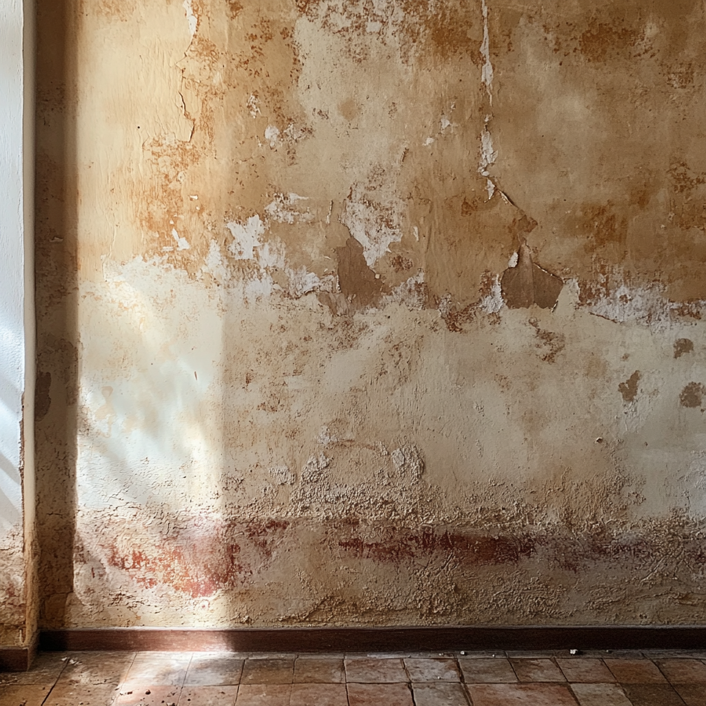 Arreglar humedades Valencia en una pared afectada por capilaridad, mostrando el proceso de reparación con manos aplicando yeso.