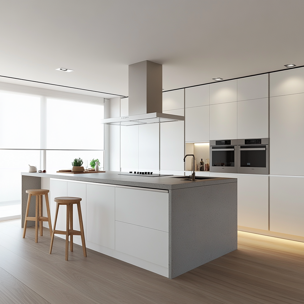 Reforma en Cullera de una cocina con muebles blancos, encimera de cuarzo gris y electrodomésticos integrados.