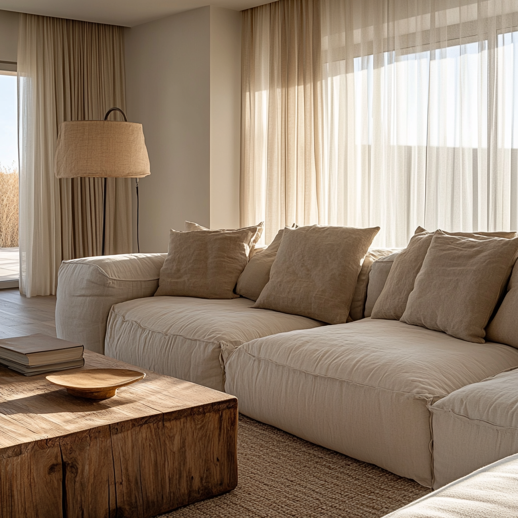 Proyecto realizado por nuestra empresa de reformas en Pedralba en un salón con sofá beige, mesa de madera y luz cálida de tarde creando un ambiente acogedor.