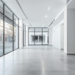 Reforma de un local comercial en Paiporta con suelo cerámico gris y amplio escaparate de cristal.